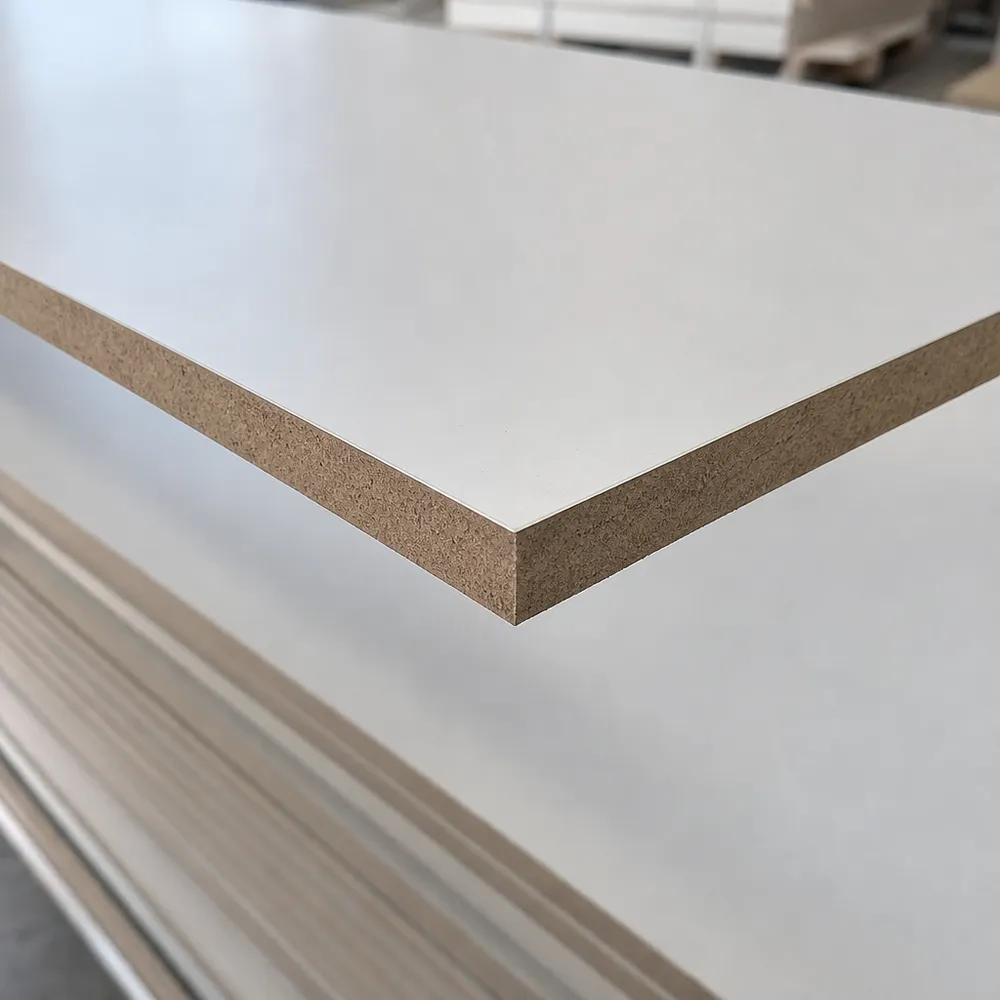 Close-up of melamine MDF board showing hard smooth surface fused to MDF core — no adhesive film, no secondary lamination