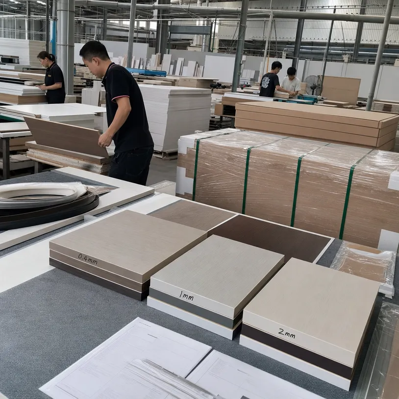 Melamine MDF board customization options including edge banding and OEM packaging at QDPlywood factory