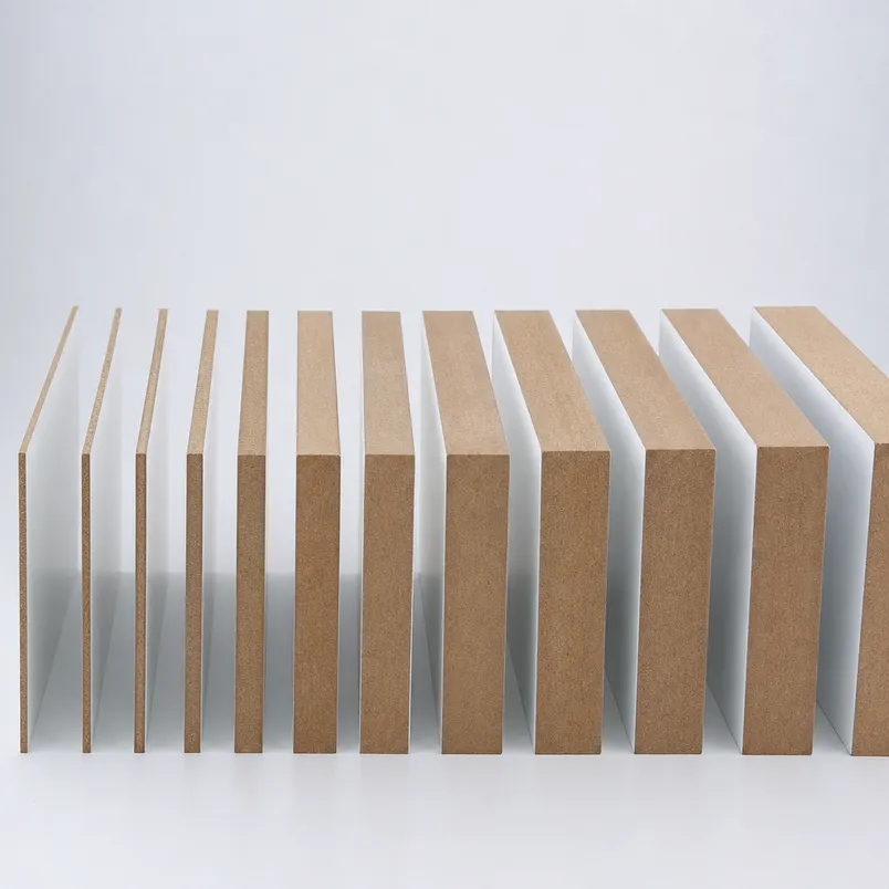 Melamine MDF board thickness range from 2.5mm to 25mm showing cross-section profiles