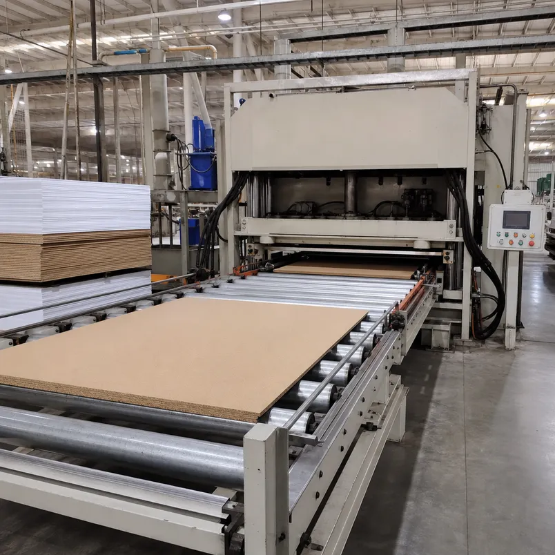 Short-cycle hot press line for melamine MDF board production at QDPlywood factory