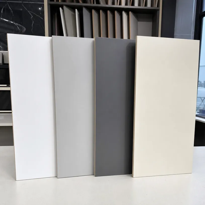 Solid color melamine MDF board panels in white, light grey, dark grey, and cream finishes