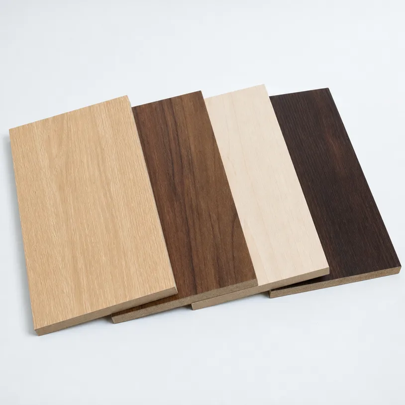 Woodgrain melamine MDF board in oak, walnut, maple, and wenge patterns showing surface texture detail