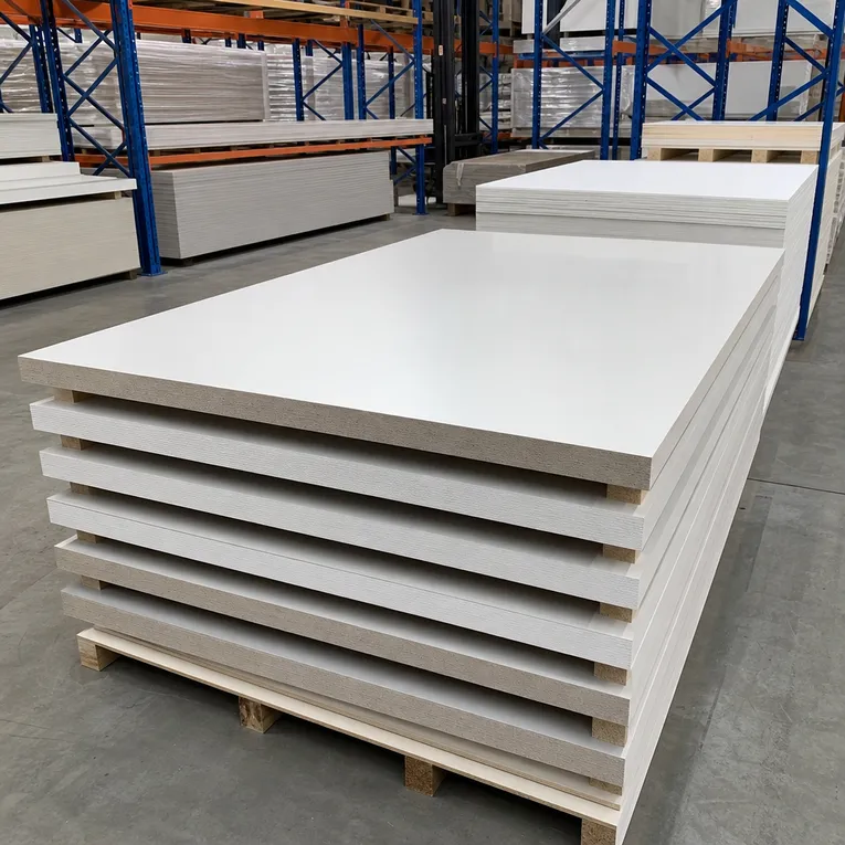 White melamine MDF panels stacked for building materials distribution
