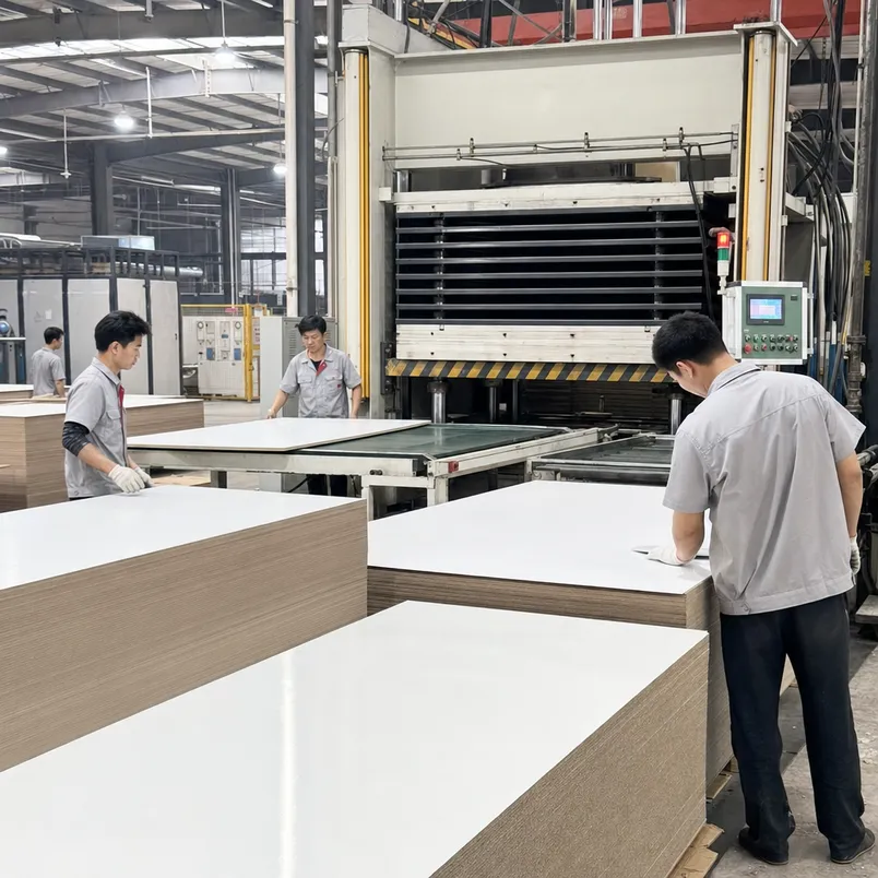 Short-cycle hot press line for white melamine MDF panel production