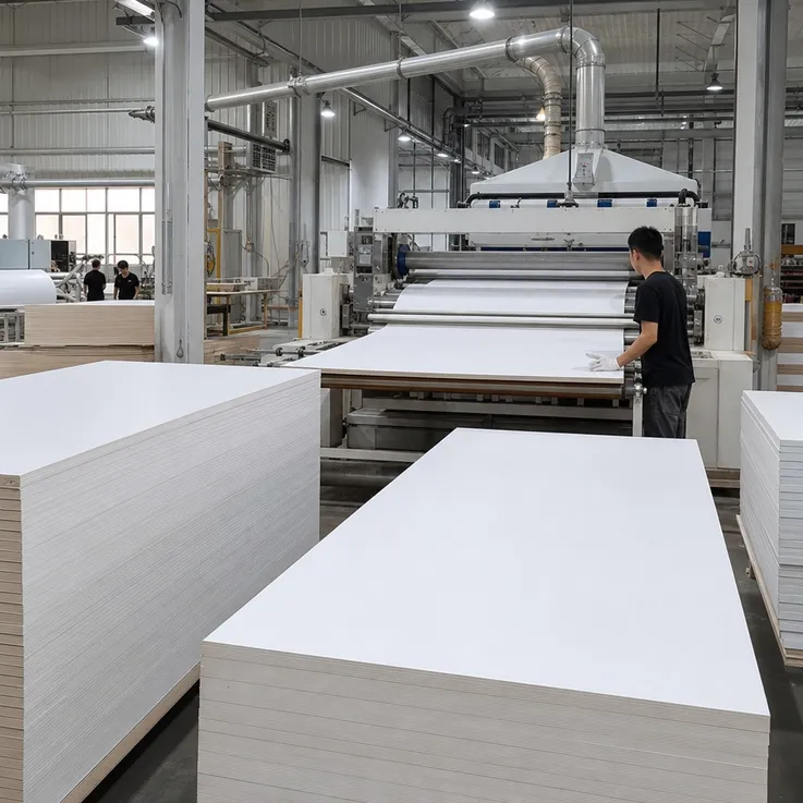 Xuzhou QD Wood Industry factory — white melamine MDF production
