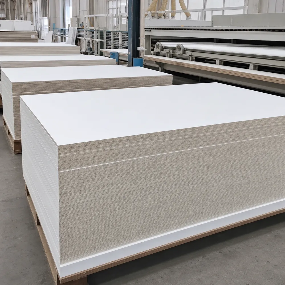 White melamine MDF panels stacked at factory — clean white surface ready for furniture manufacturing