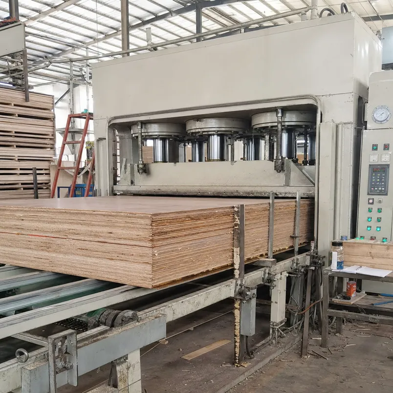 18mm melamine plywood hot press production line showing platen pressure and 11-ply veneer stack