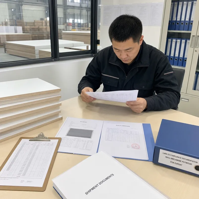CARB P2 compliance documentation for 18mm melamine plywood export