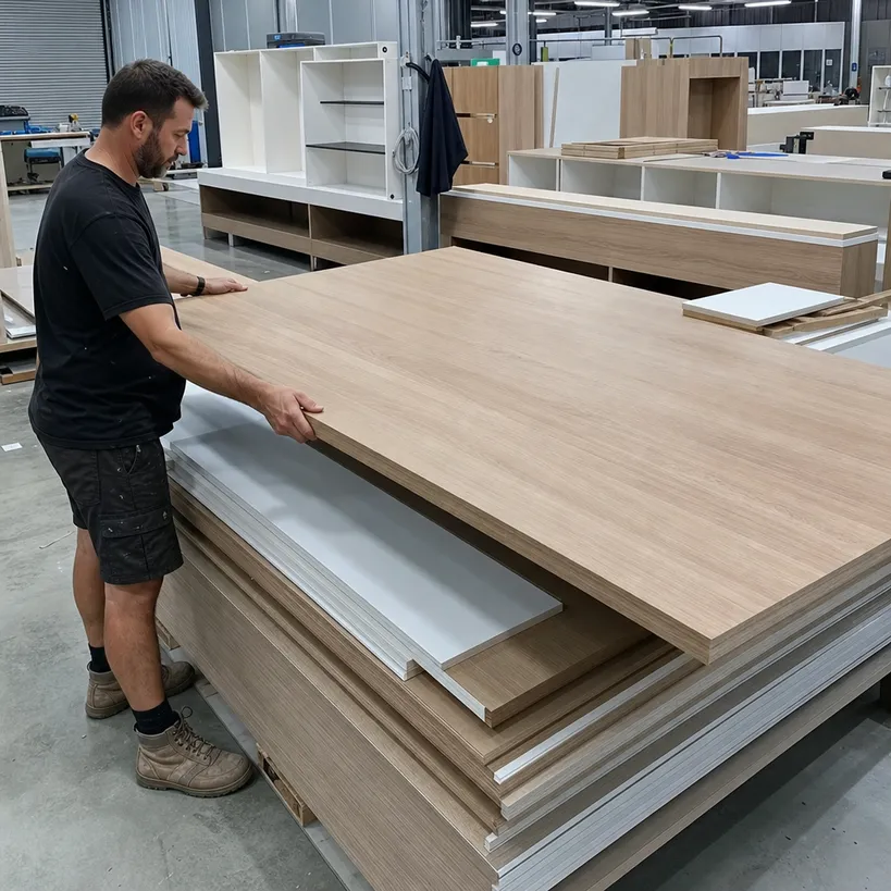 Commercial fit-out and joinery contractor using 18mm melamine plywood for built-in office and retail joinery