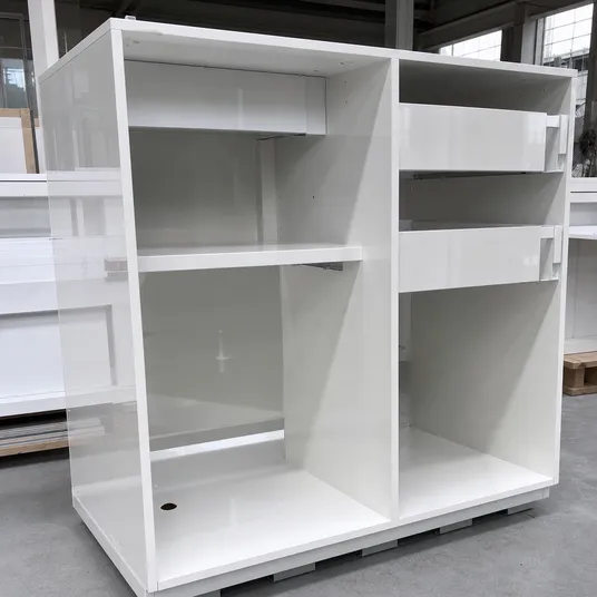 Glossy melamine plywood used in kitchen cabinet carcass construction