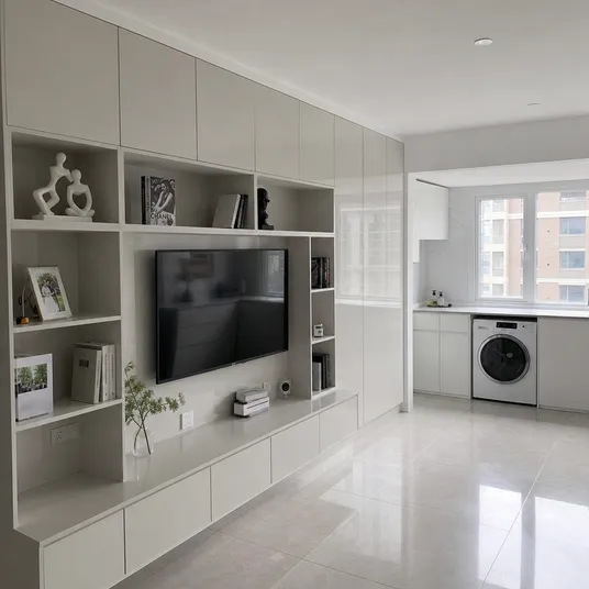 Residential interior shelving and storage built with glossy melamine plywood