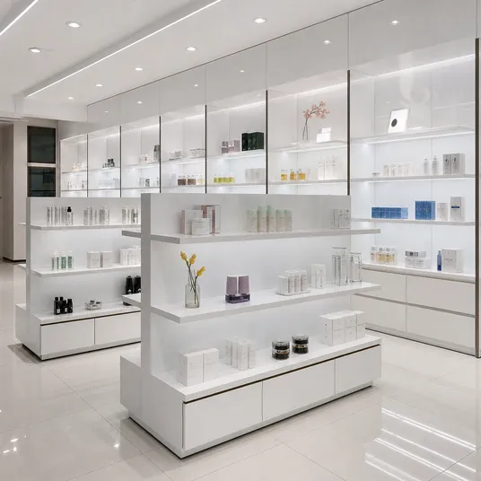 Retail display shelving constructed from glossy melamine plywood