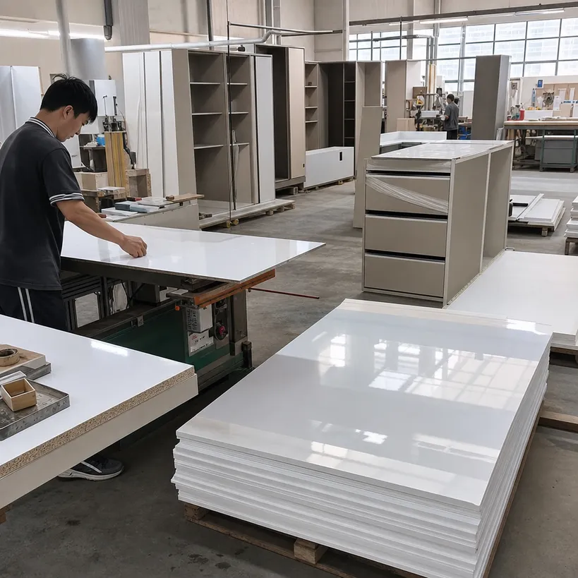 Contemporary furniture manufacturing using high gloss melamine plywood for wardrobe and bedroom panels