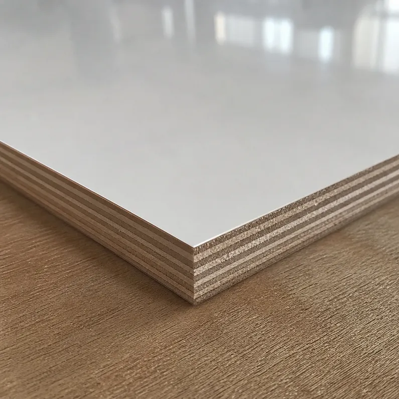 Cross-section of glossy melamine plywood showing plywood core and high-gloss melamine surface