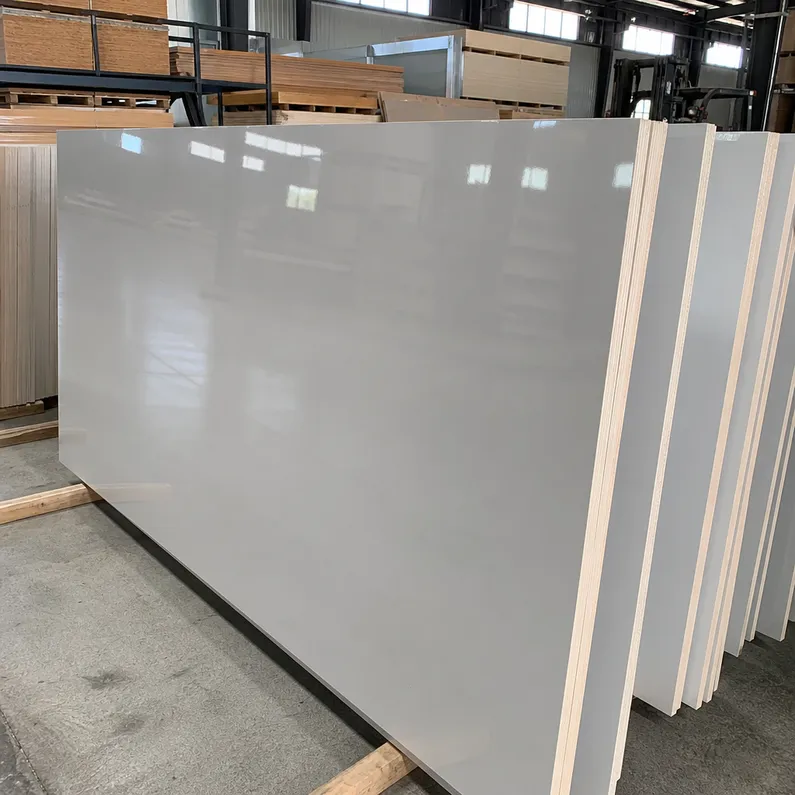 Glossy melamine plywood panels with mirror-finish surface, factory-direct from QDPlywood.com