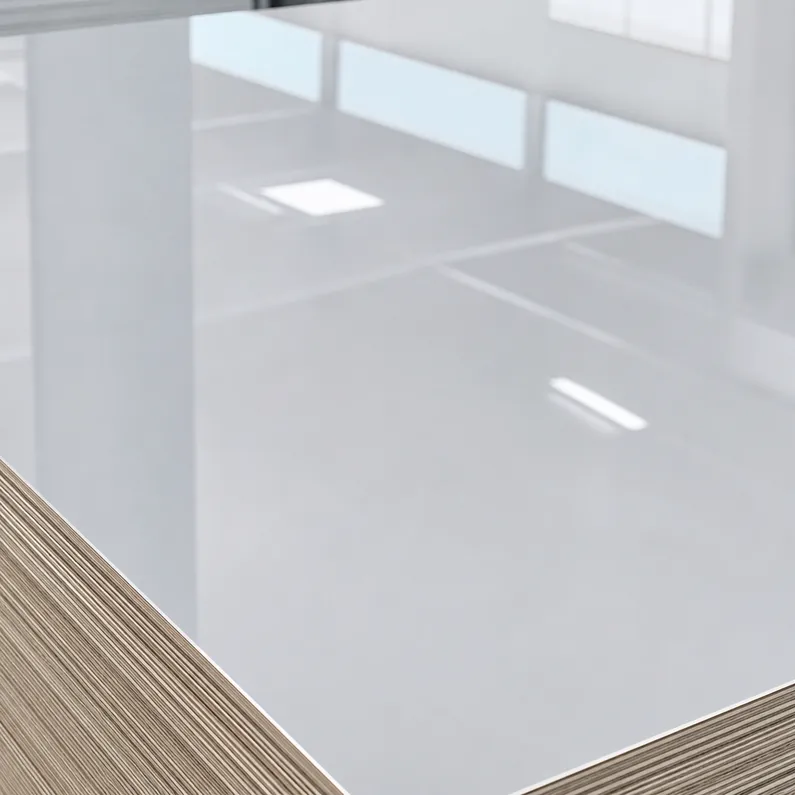 Close-up of high-gloss melamine surface showing reflective finish and color depth