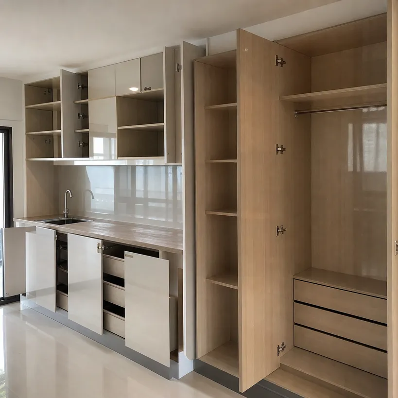 Kitchen cabinet interior and wardrobe fit-out using glossy melamine plywood panels