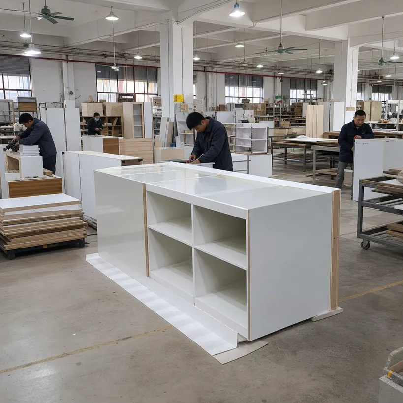 Retail fixture and display case fabrication using glossy melamine plywood shelving and carcass panels