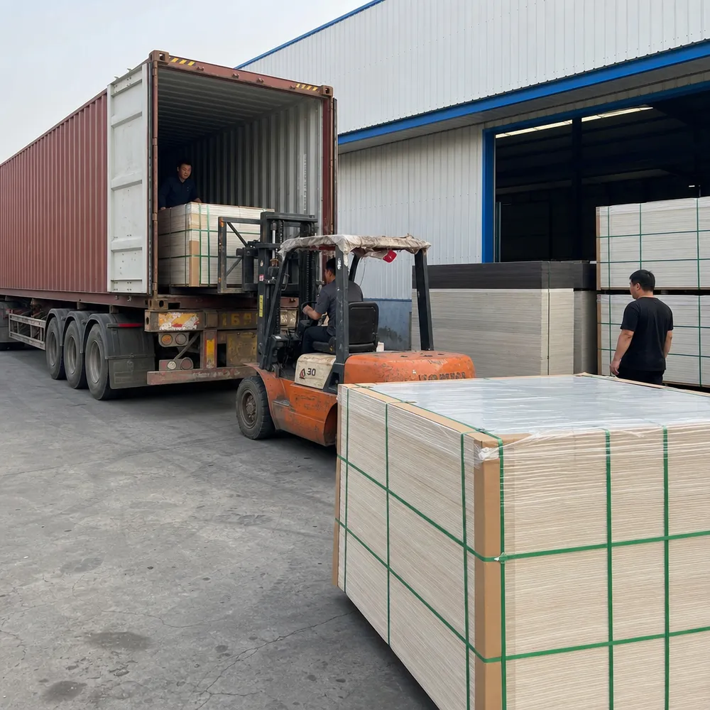 Melamine plywood panels bundled and loaded into export container at Xuzhou facility