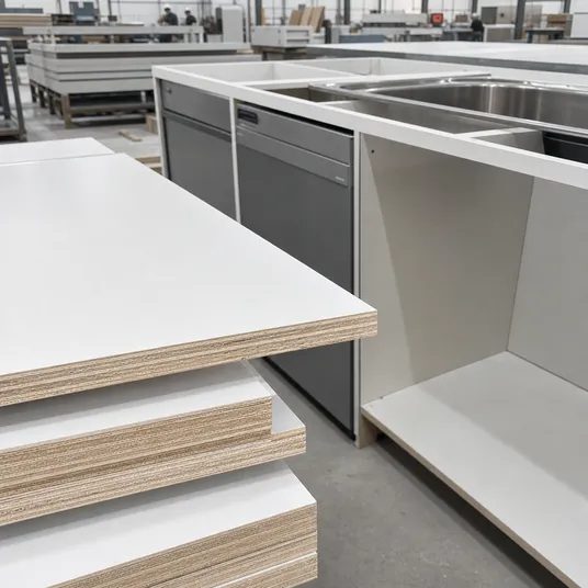 Kitchen melamine plywood with moisture-resistant core for cabinet applications near sinks and dishwashers
