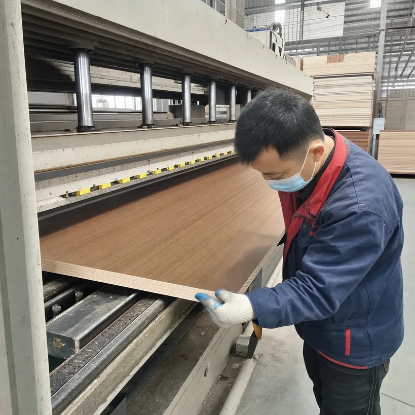 Melamine plywood press process and bond integrity verification at QDPlywood factory