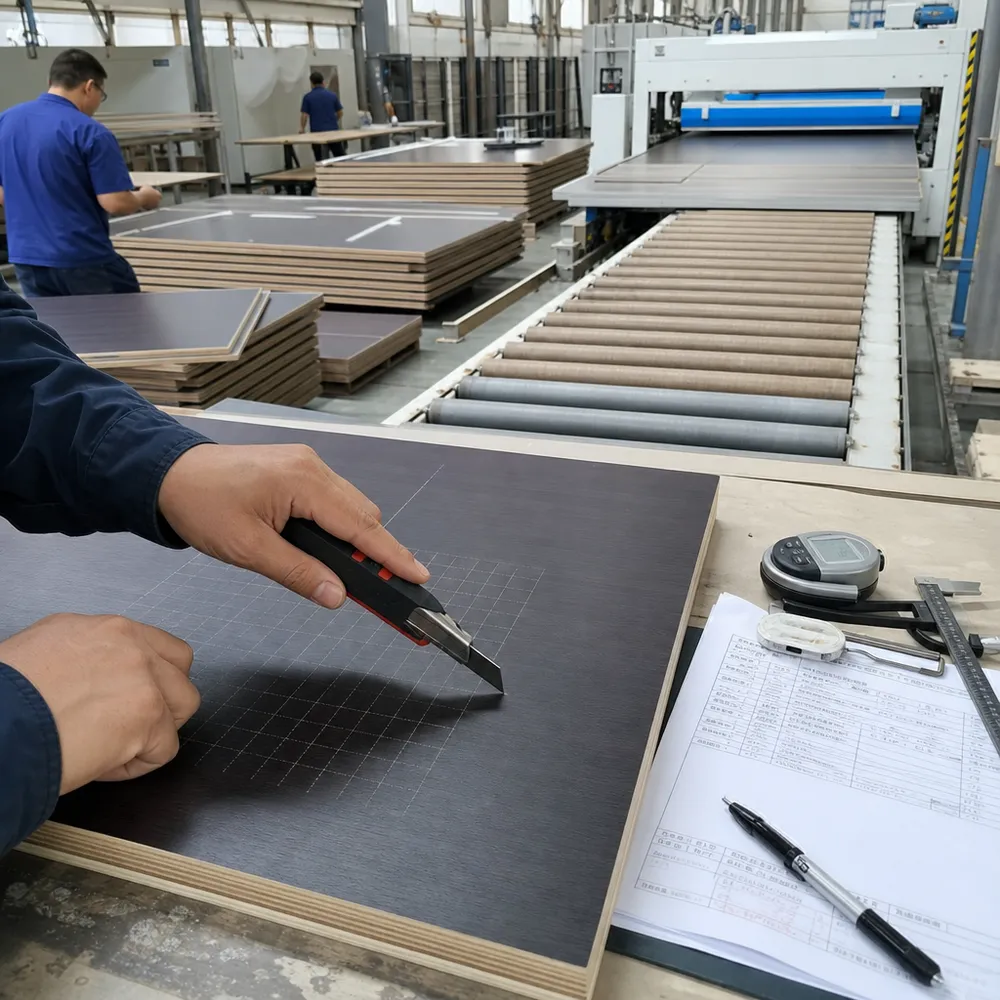 Cross-cut peel test on melamine plywood production run — quality gate before sanding line