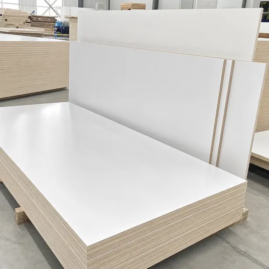 White melamine plywood panels with clean bright surface for retail shelving and interior fit-out