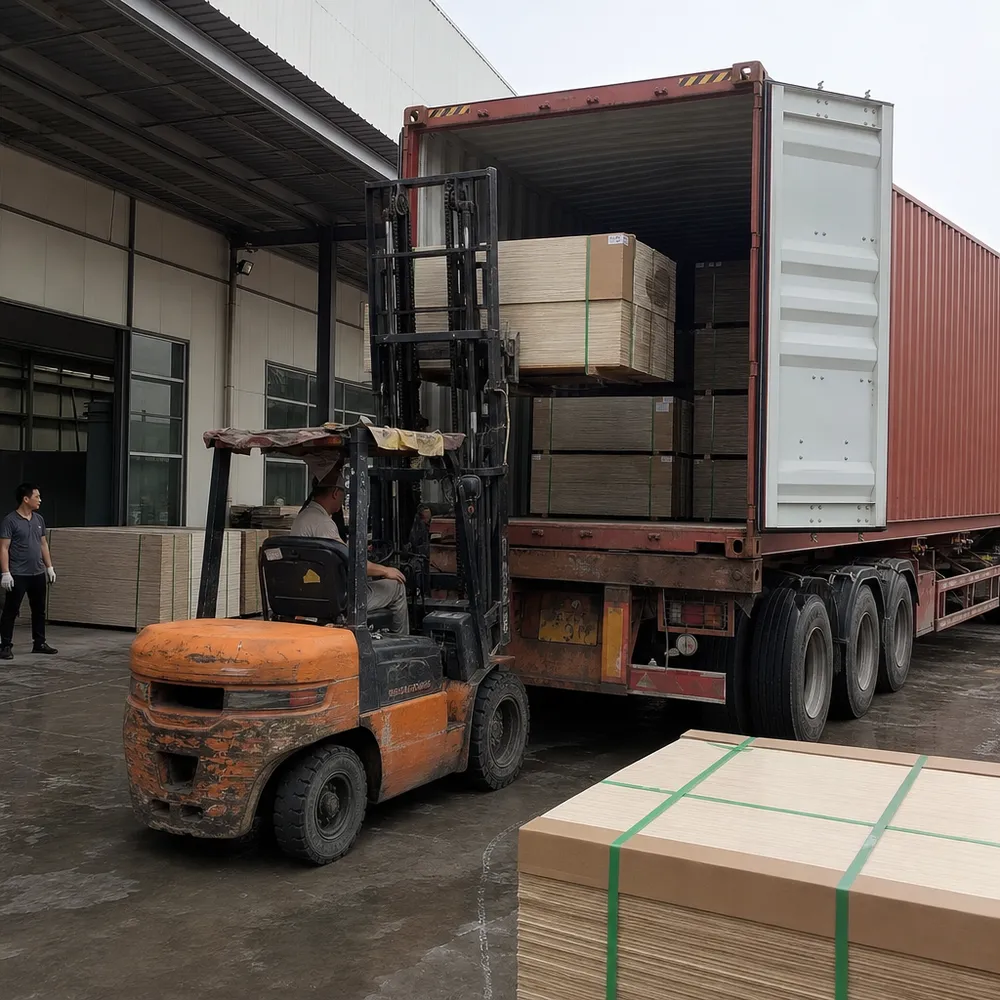 Kitchen melamine plywood panels bundled and loaded into a 40HQ container at Xuzhou factory for export
