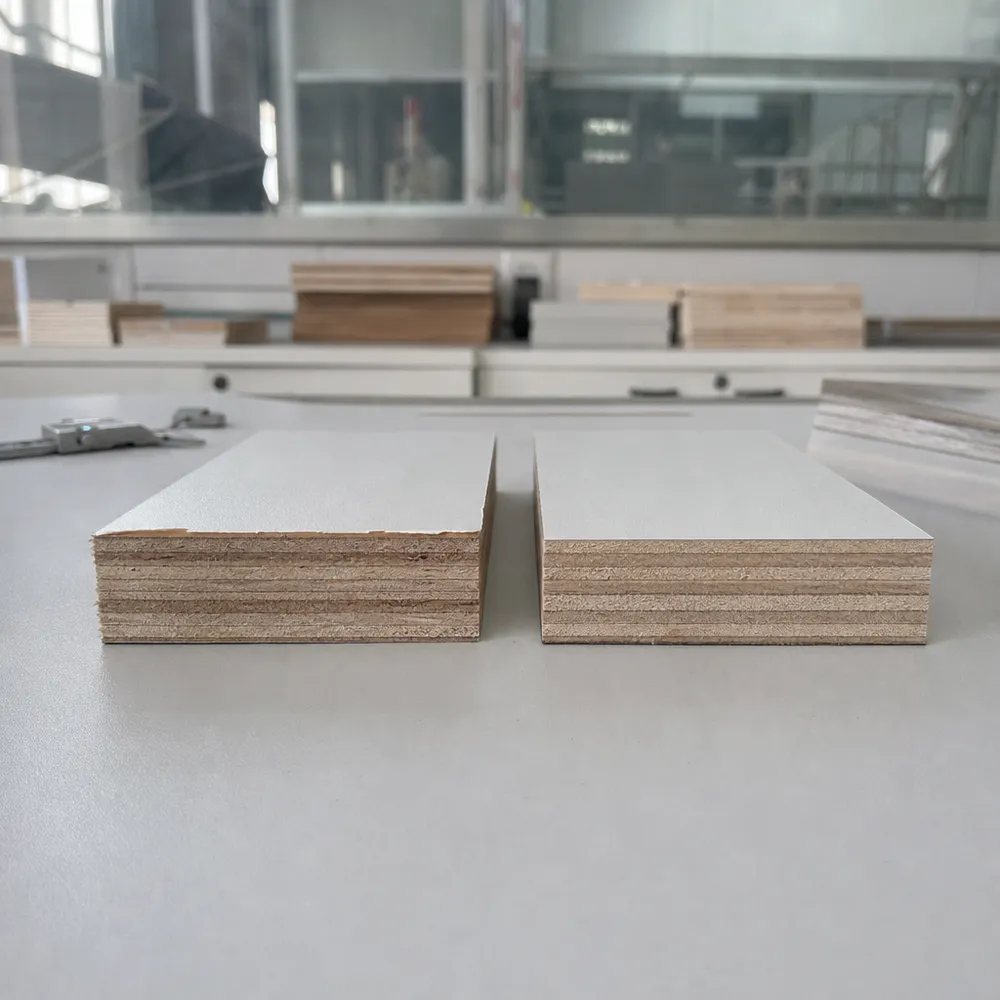 Cross-section comparison of kitchen melamine plywood MR glue core versus standard UF glue core