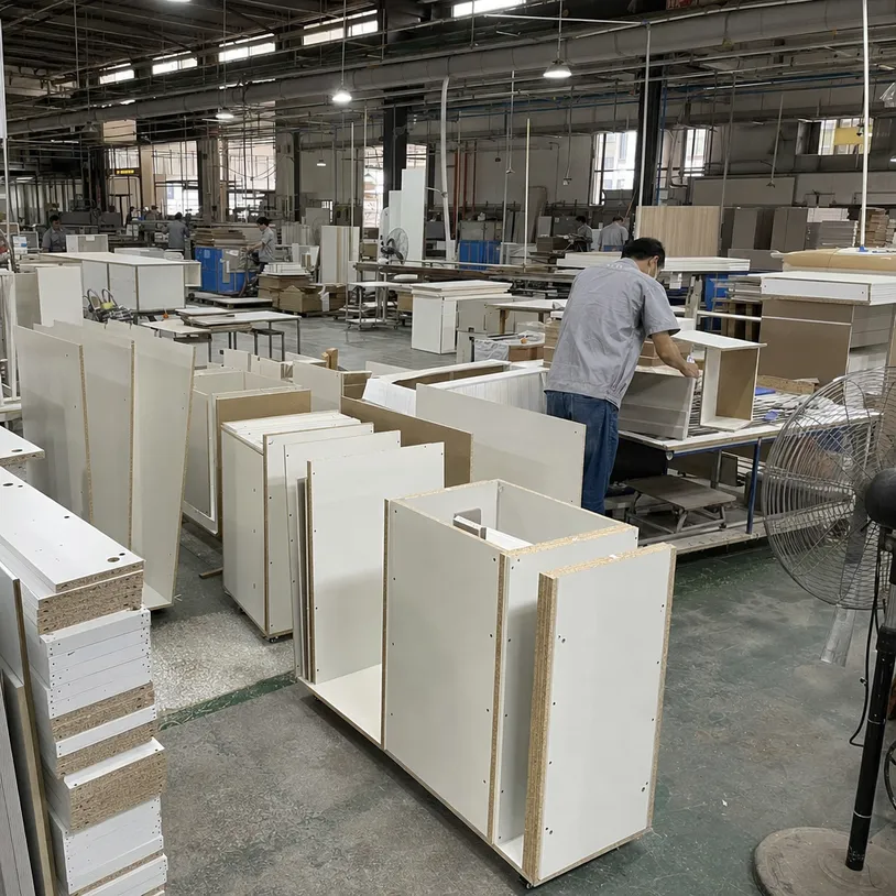 Kitchen cabinet factory production line using melamine plywood carcass panels