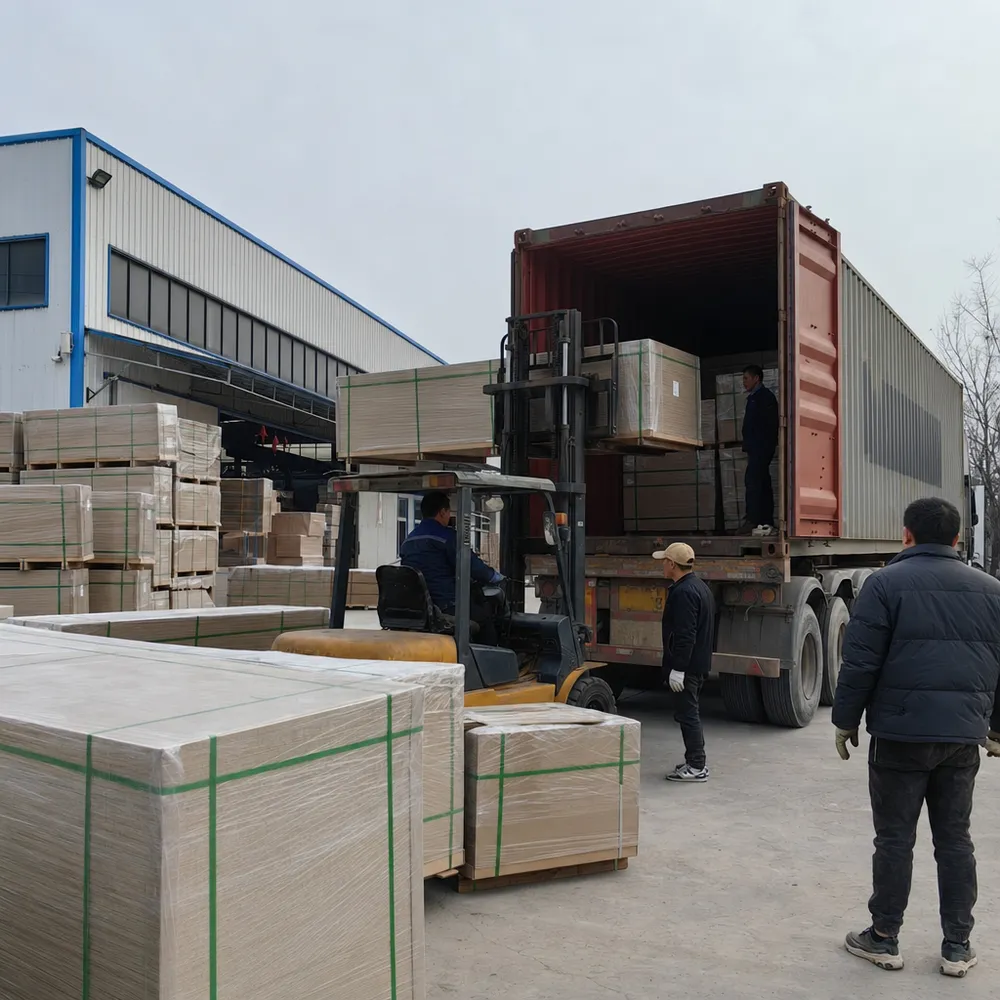 Melamine board panels bundled and loaded into export container at Xuzhou factory