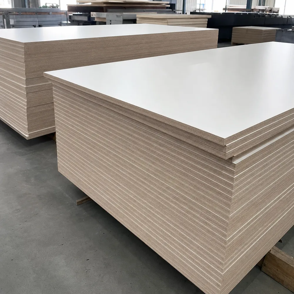 Melamine board panels stacked at QDPlywood factory — plywood core with melamine overlay