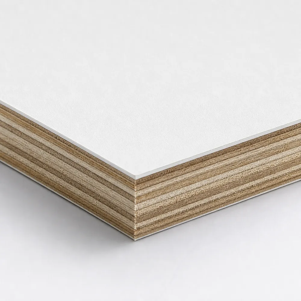 Cross-section of melamine board showing plywood core with melamine paper overlay
