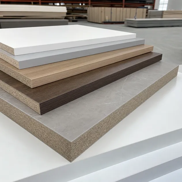 Melamine board panels showing thickness range from 9mm to 25mm with surface finish detail