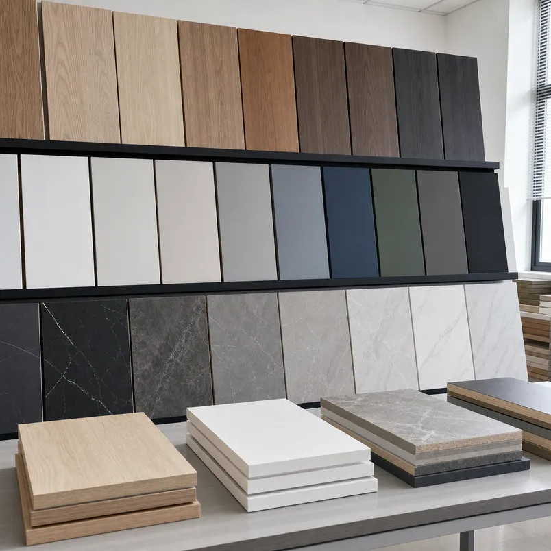 Melamine board decor range showing wood grain, solid color, and stone pattern options