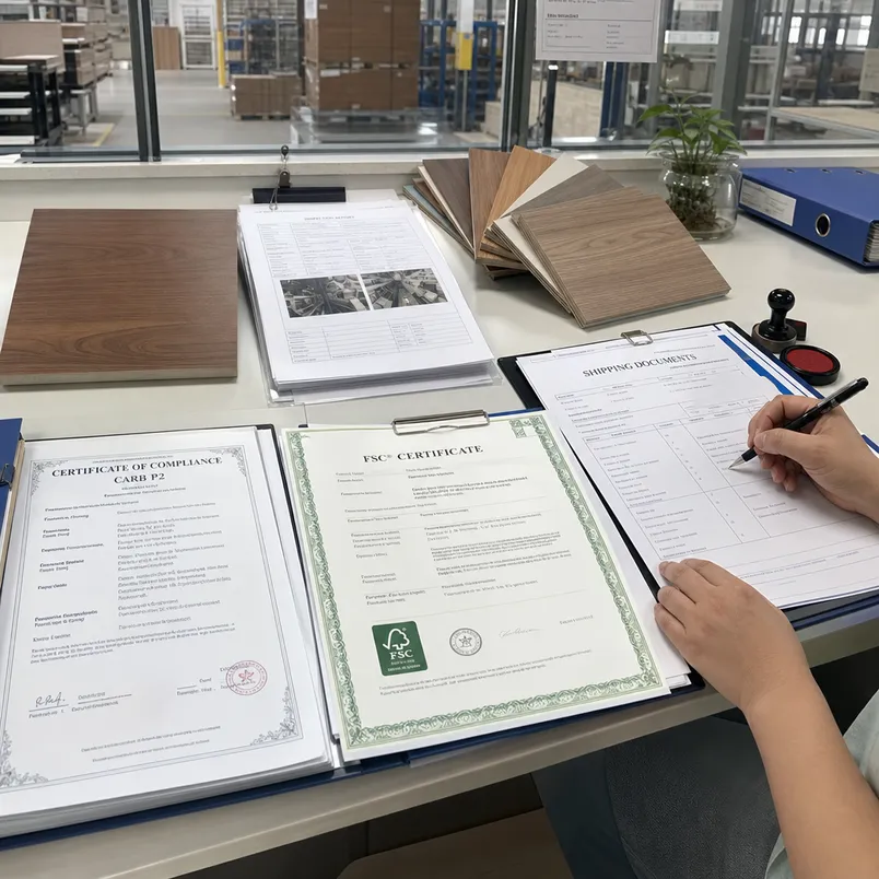 CARB P2 and FSC certification documentation for melamine cabinet board export shipments