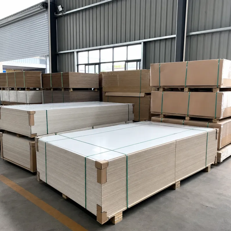 Melamine cabinet board stacked at QDPlywood factory ready for export — Xuzhou, Jiangsu