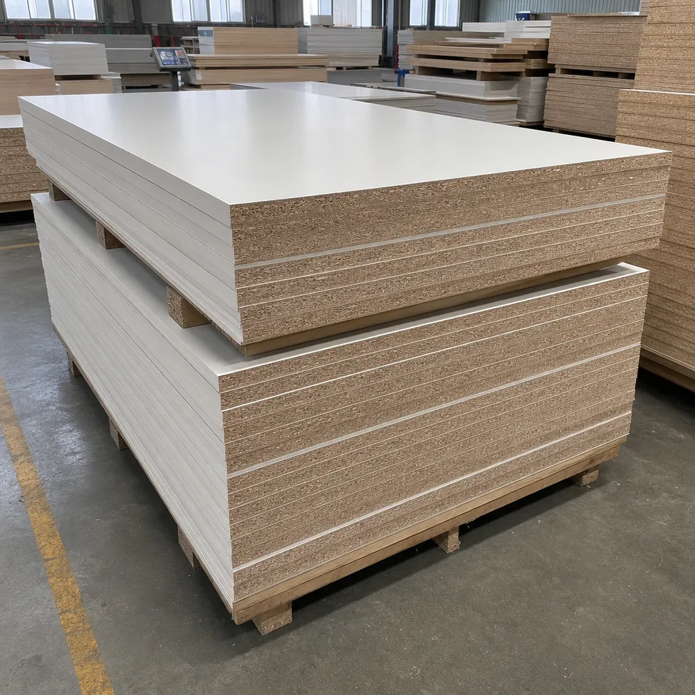 Melamine cabinet board panels stacked at QDPlywood factory in Xuzhou — dense-core construction for carcass assembly