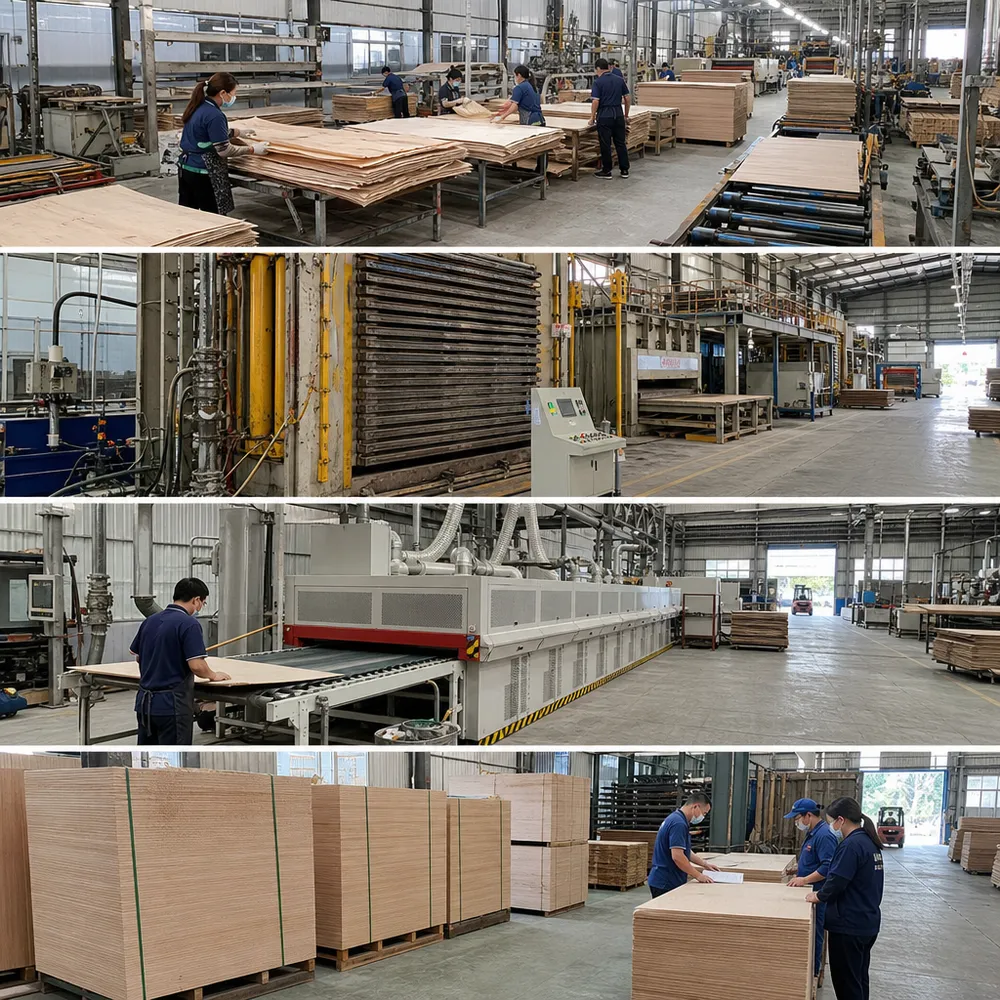 OEM plywood production line — from layup through pressing, sanding, and outgoing inspection