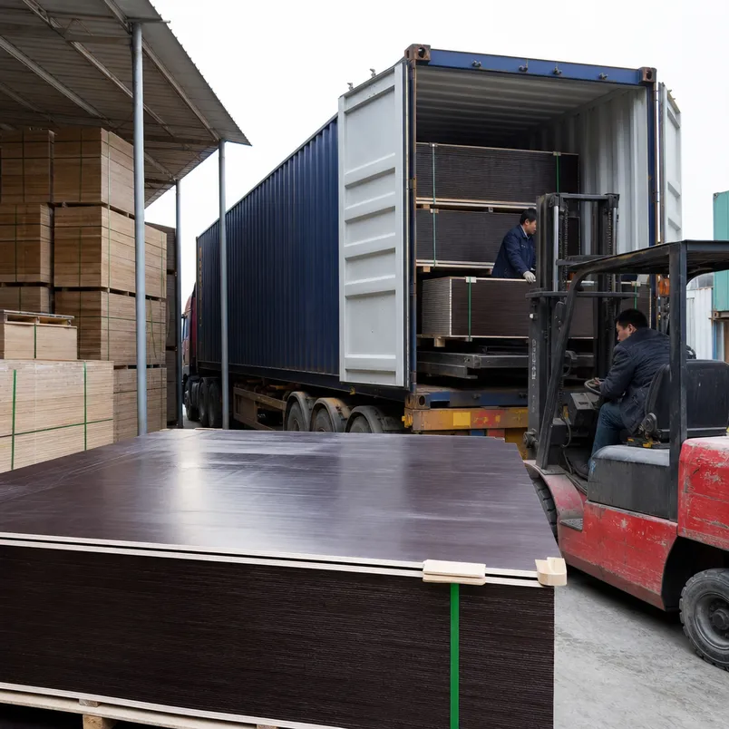 Paper overlaid plywood panels bundled and loaded into 40HQ export container