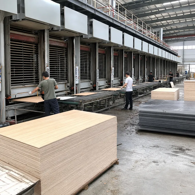 Dedicated multi-daylight hot press line for paper overlay lamination at QDPlywood factory