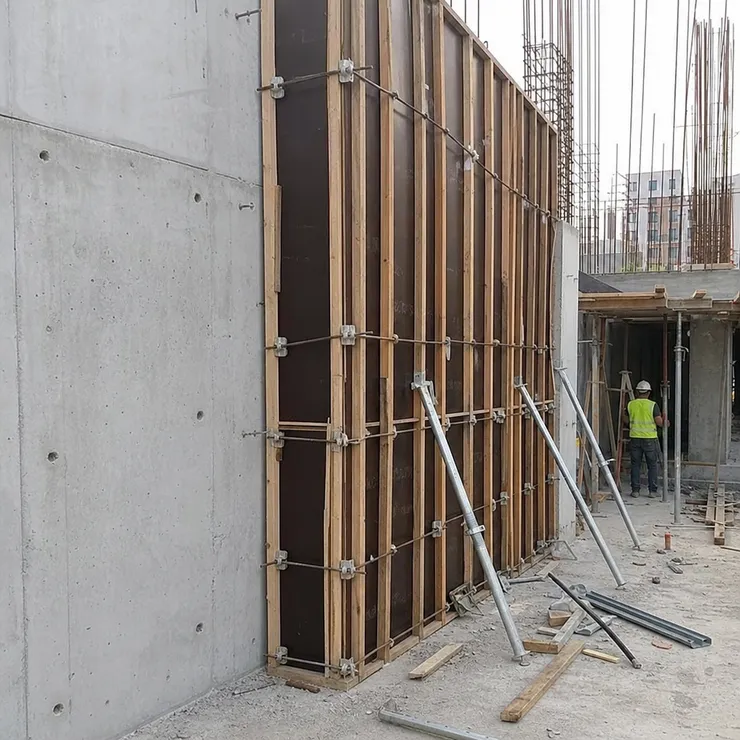 MDO plywood panels used as concrete formwork and shuttering on construction site