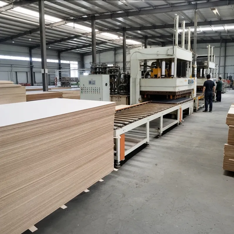 Paper overlaid plywood lamination press line at QDPlywood factory in Xuzhou, China