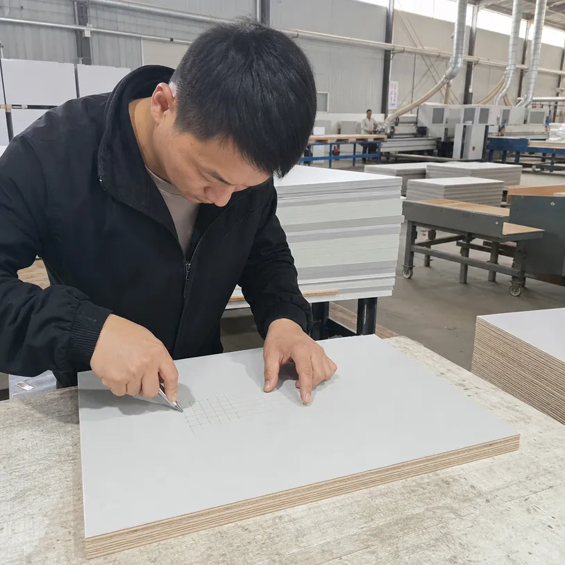 Cross-cut adhesion test on paper overlaid plywood panel — quality control process