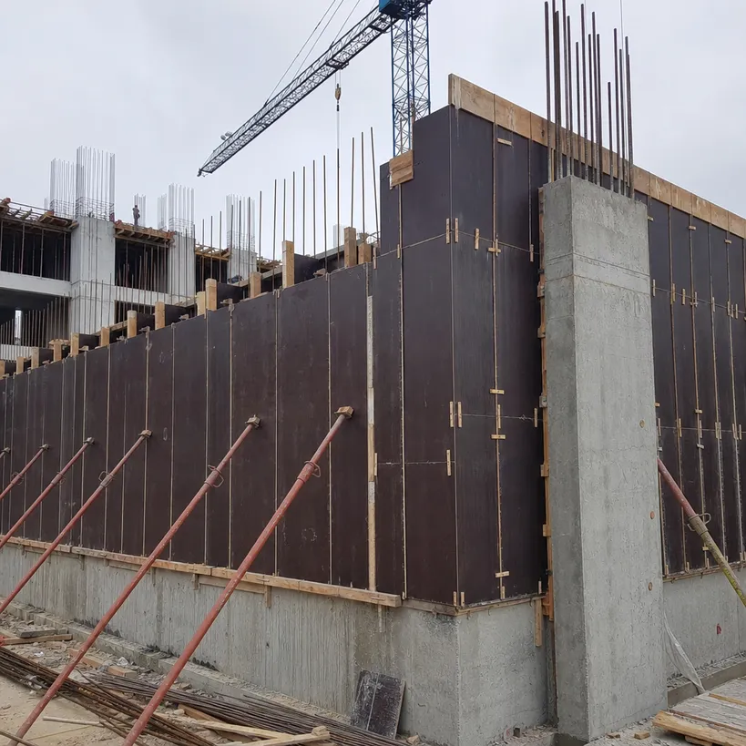 MDO plywood panels used as concrete formwork on a construction site