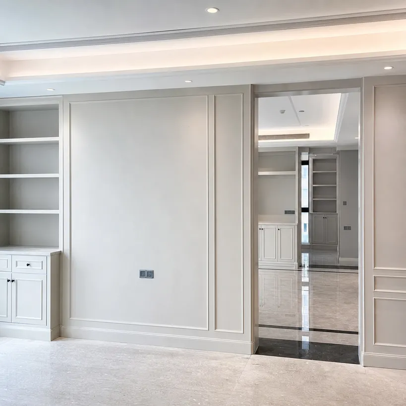 Commercial interior fit-out using paper overlaid plywood panels for consistent painted wall systems