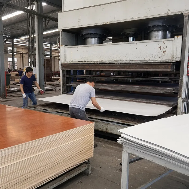 Multi-daylight hydraulic hot press bonding paper overlay to plywood panels at QDPlywood.com factory