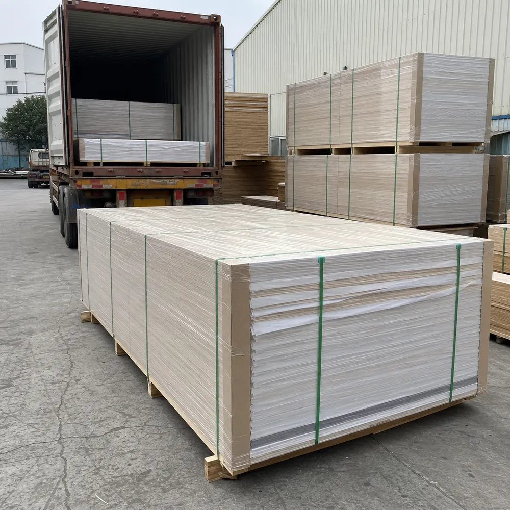 Paper overlaid plywood panels bundled and strapped for export container loading