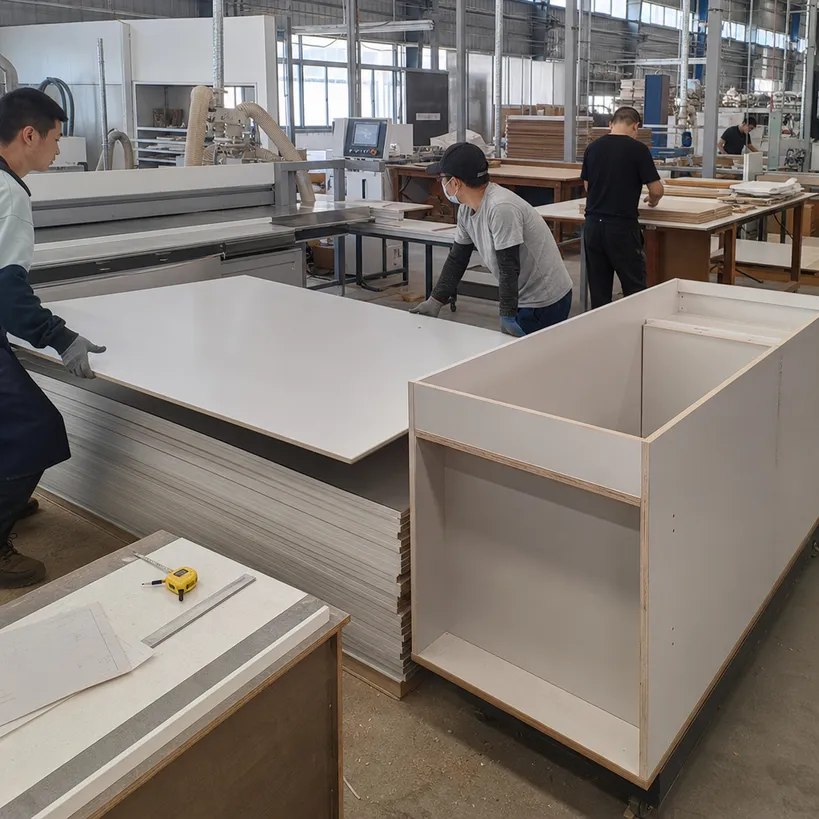Cabinet shop using paper overlaid plywood panels for painted cabinetry and millwork applications