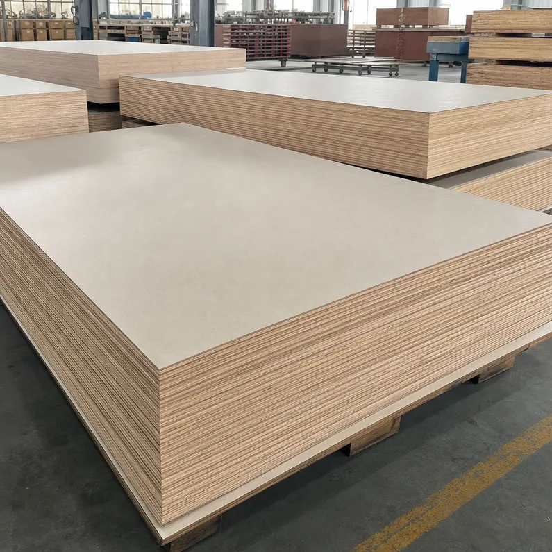 Paper overlaid plywood panels stacked in factory — smooth resin-impregnated kraft paper surface ready for paint or print